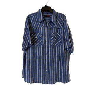 Canyon Guide Outfitters Shirt Mens 2XL Blue Plaid Pearl Snap Short Sleeve Pocket